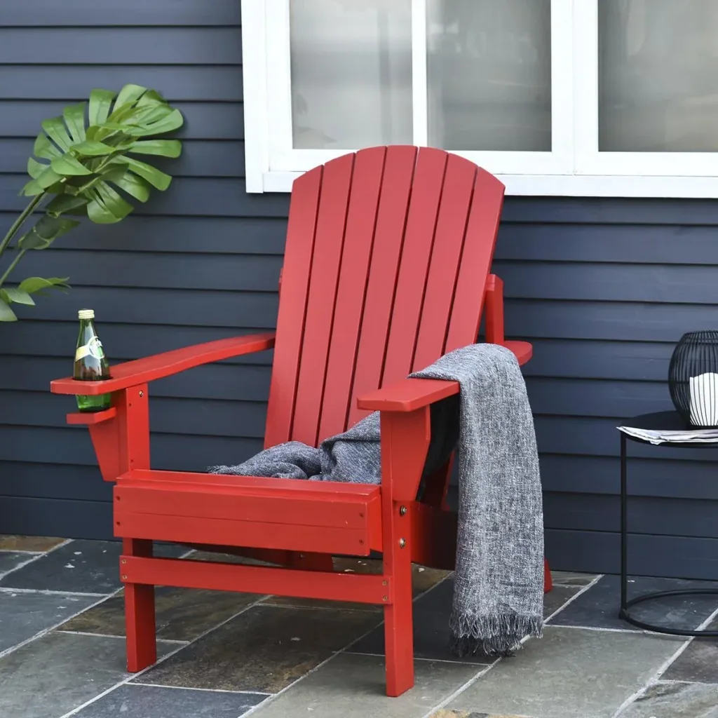 Adirondack garden chair with cup holder, garden lounger, balcony chair, solid wood, red, 97 x 72.5 x 93 cm