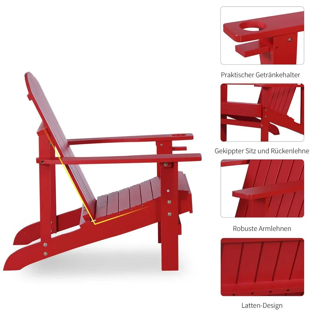Adirondack garden chair with cup holder, garden lounger, balcony chair, solid wood, red, 97 x 72.5 x 93 cm