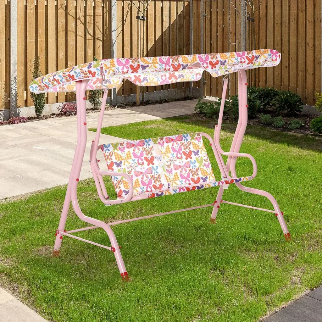 Children's Hollywood swing Children's swing with sunroof 2-seater garden swing for 3-6 years Metal Pink 110L x 70W x 11