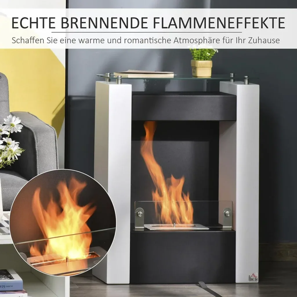 Ethanol fireplace Bio-ethanol burner 2000W 1.5L 3 hrs. Steel Stainless steel tempered glass White+Black 60 x 20 x 79 cm