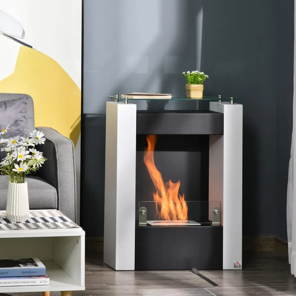 Ethanol fireplace Bio-ethanol burner 2000W 1.5L 3 hrs. Steel Stainless steel tempered glass White+Black 60 x 20 x 79 cm