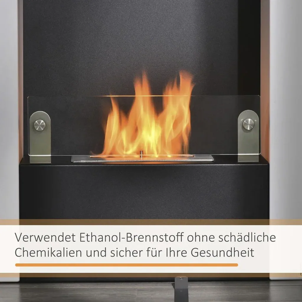 Ethanol fireplace Bio-ethanol burner 2000W 1.5L 3 hrs. Steel Stainless steel tempered glass White+Black 60 x 20 x 79 cm