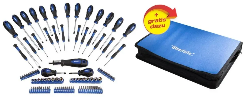 Screwdriver set 98-piece including bits and sockets + free bag