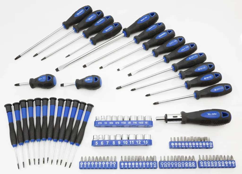 Screwdriver set 98-piece including bits and sockets + free bag