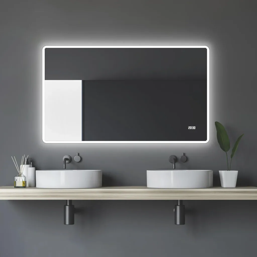 Bathroom mirror with lighting, "Sun" - 120 x 70 cm - Light frame - Light color neutral white - Digital clock