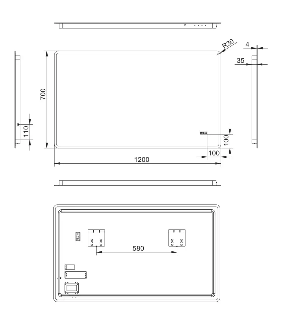 Bathroom mirror with lighting, "Sun" - 120 x 70 cm - Light frame - Light color neutral white - Digital clock