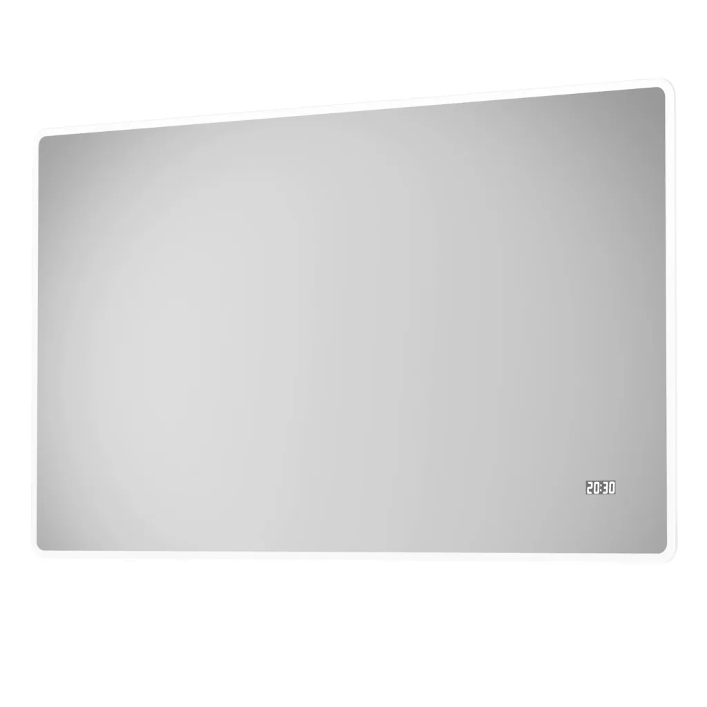 Bathroom mirror with lighting, "Sun" - 120 x 70 cm - Light frame - Light color neutral white - Digital clock