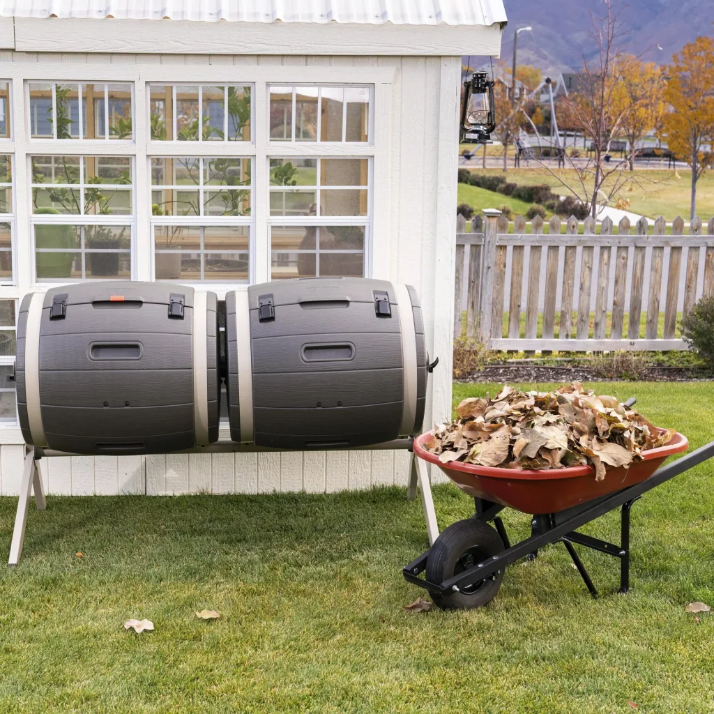 Compostvat dubbele trommel 380 L 160×79×110 cm bruin – 2 trommels voor continu composteren