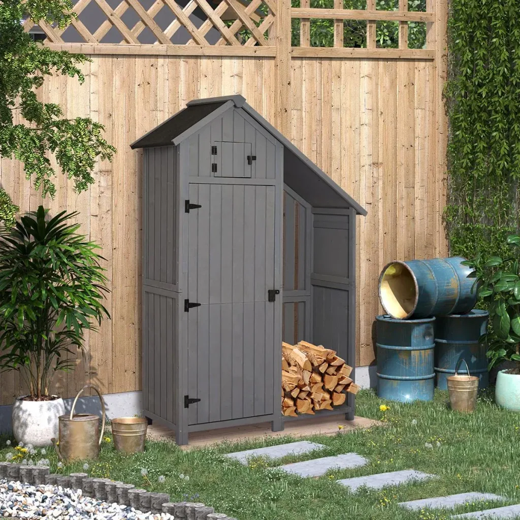 Garden cabinet wooden tool shed garden house tool cabinet wooden hut gable roof grey + black 129 x 51.5 x 180 cm