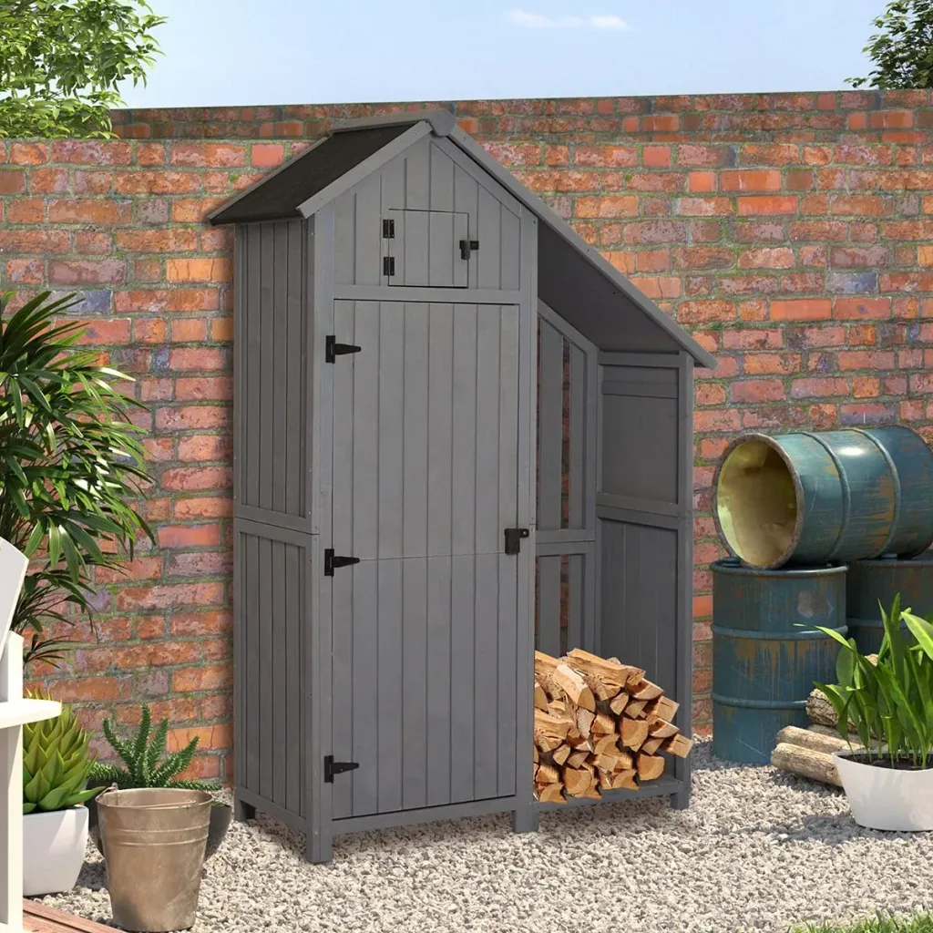 Garden cabinet wooden tool shed garden house tool cabinet wooden hut gable roof grey + black 129 x 51.5 x 180 cm