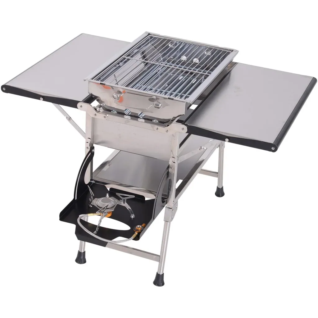 Folding grill gas grill stand grill portable table grill camping garden BBQ stainless steel silver 58 x 34.2 x 34 cm