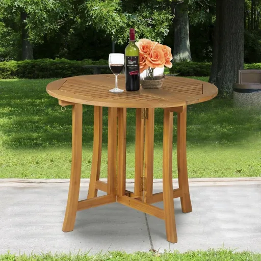 Folding table, side table, garden table, wooden table, foldable with umbrella hole, acacia natural Ø90 x 78 cm