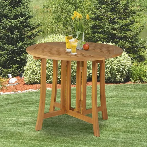 Folding table, side table, garden table, wooden table, foldable with umbrella hole, acacia natural Ø90 x 78 cm