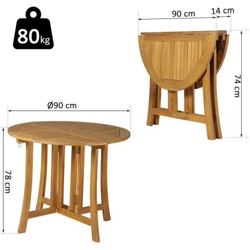 Folding table, side table, garden table, wooden table, foldable with umbrella hole, acacia natural Ø90 x 78 cm