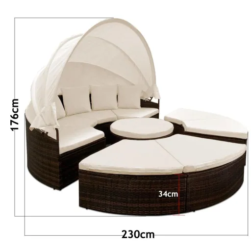 Casaria Poly Rattan XXL Sun Island Garden Furniture Set 230cm with Folding Parasol - 7cm Cushion Brown