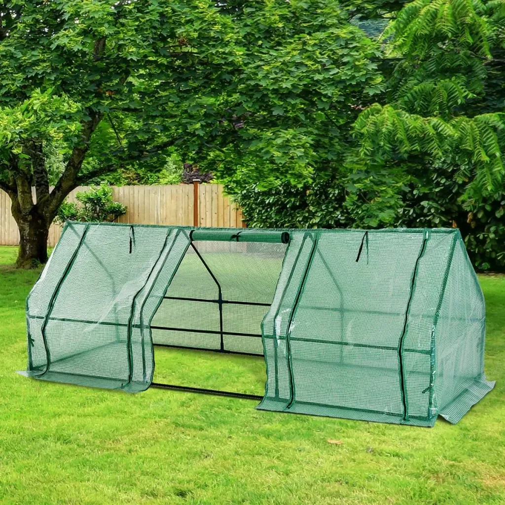 Greenhouse with 3 side roller doors green transparent