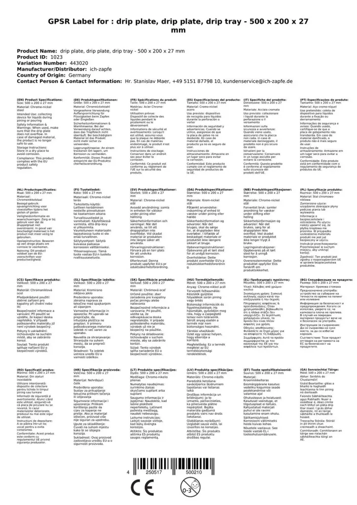 Lekbak, Druppellade - 500 х 200 х 27 mm