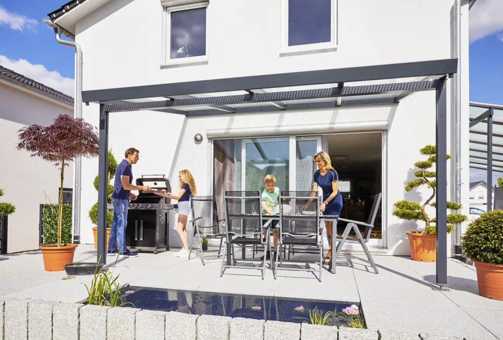 Patio roof Premium, anthracite, 4102 x 3060 mm - Polycarbonate multi-wall sheets 16 mm, white striped