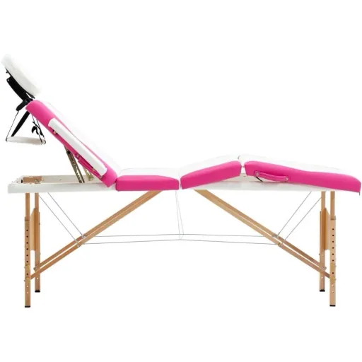 Folding massage table 4 zones wood white and pink