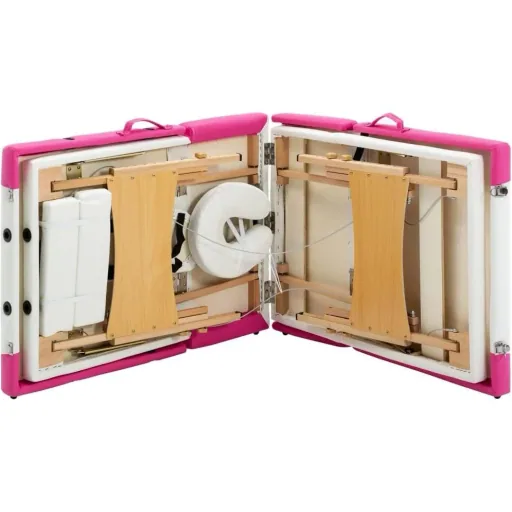 Folding massage table 4 zones wood white and pink