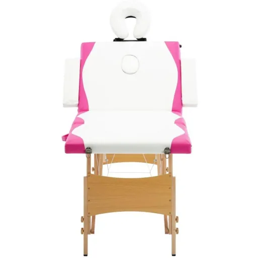 Folding massage table 4 zones wood white and pink