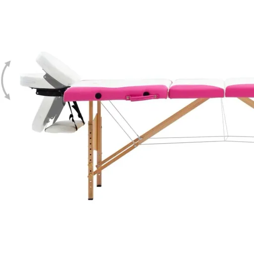 Folding massage table 4 zones wood white and pink