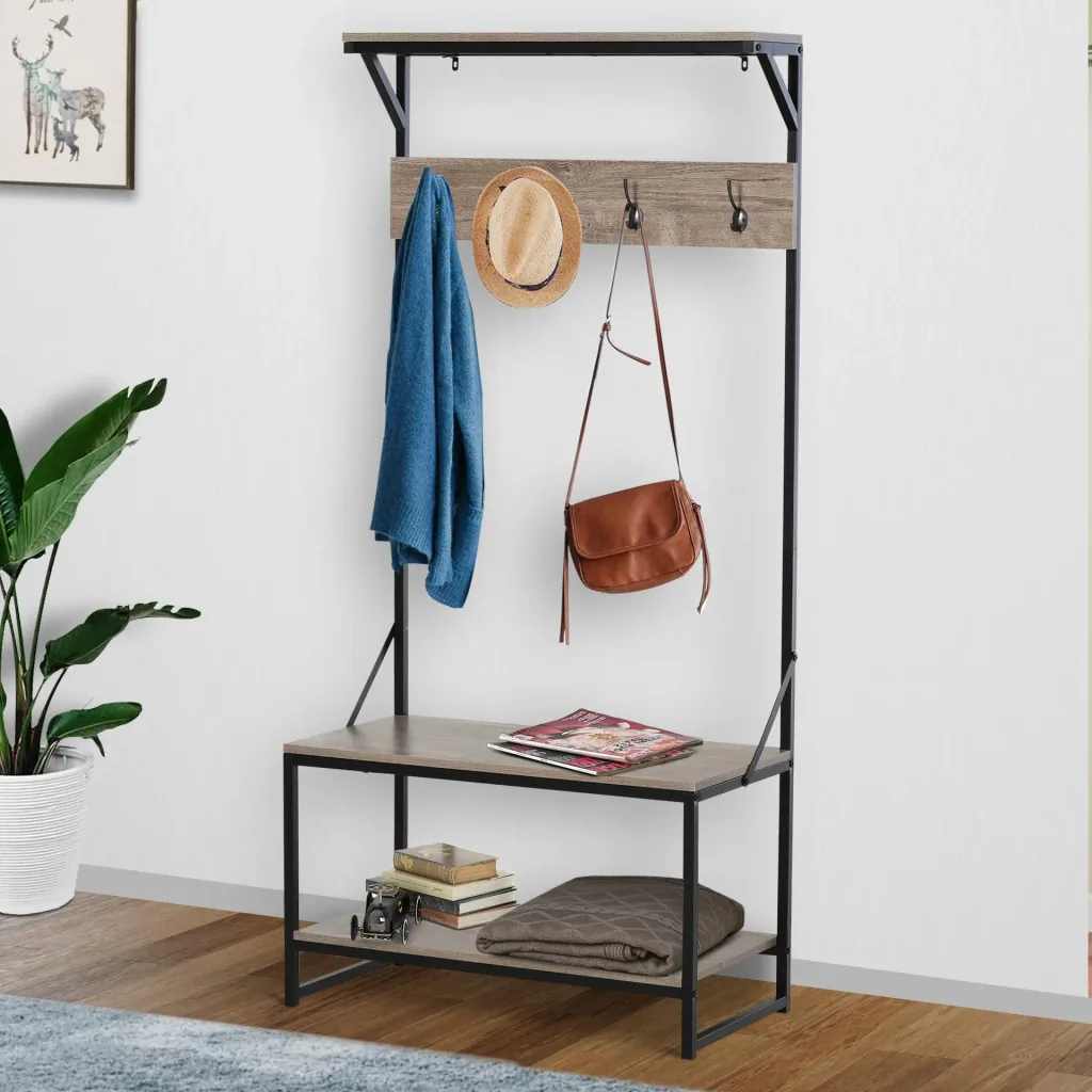 Coat rack with 4 hooks and shoe rack, natural
