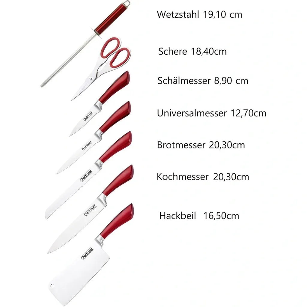 Cheffinger 8-piece knife set with stand - Silver/Red