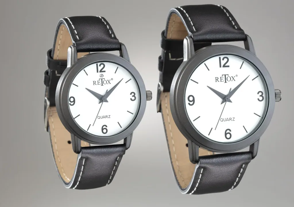 Watch set for him and her in titanium look and genuine leather strap