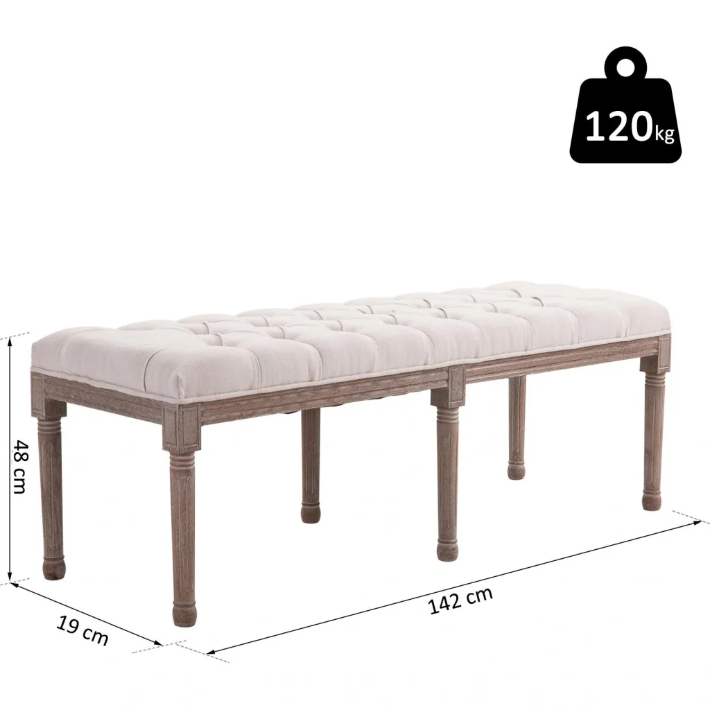 Upholstered bench, chest bench, lounge stool, retro with buttons, linen + wood, beige, 142 x 47 x 51 cm