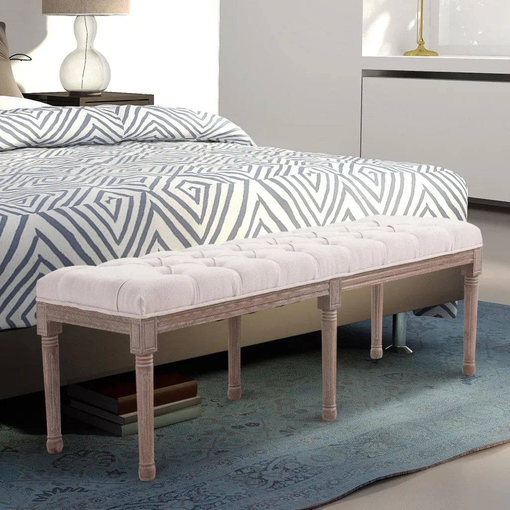 Upholstered bench, chest bench, lounge stool, retro with buttons, linen + wood, beige, 142 x 47 x 51 cm