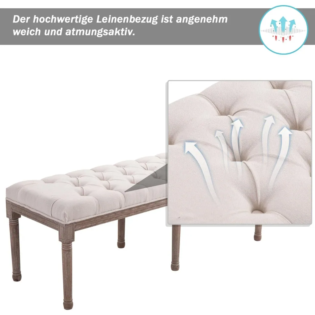 Upholstered bench, chest bench, lounge stool, retro with buttons, linen + wood, beige, 142 x 47 x 51 cm
