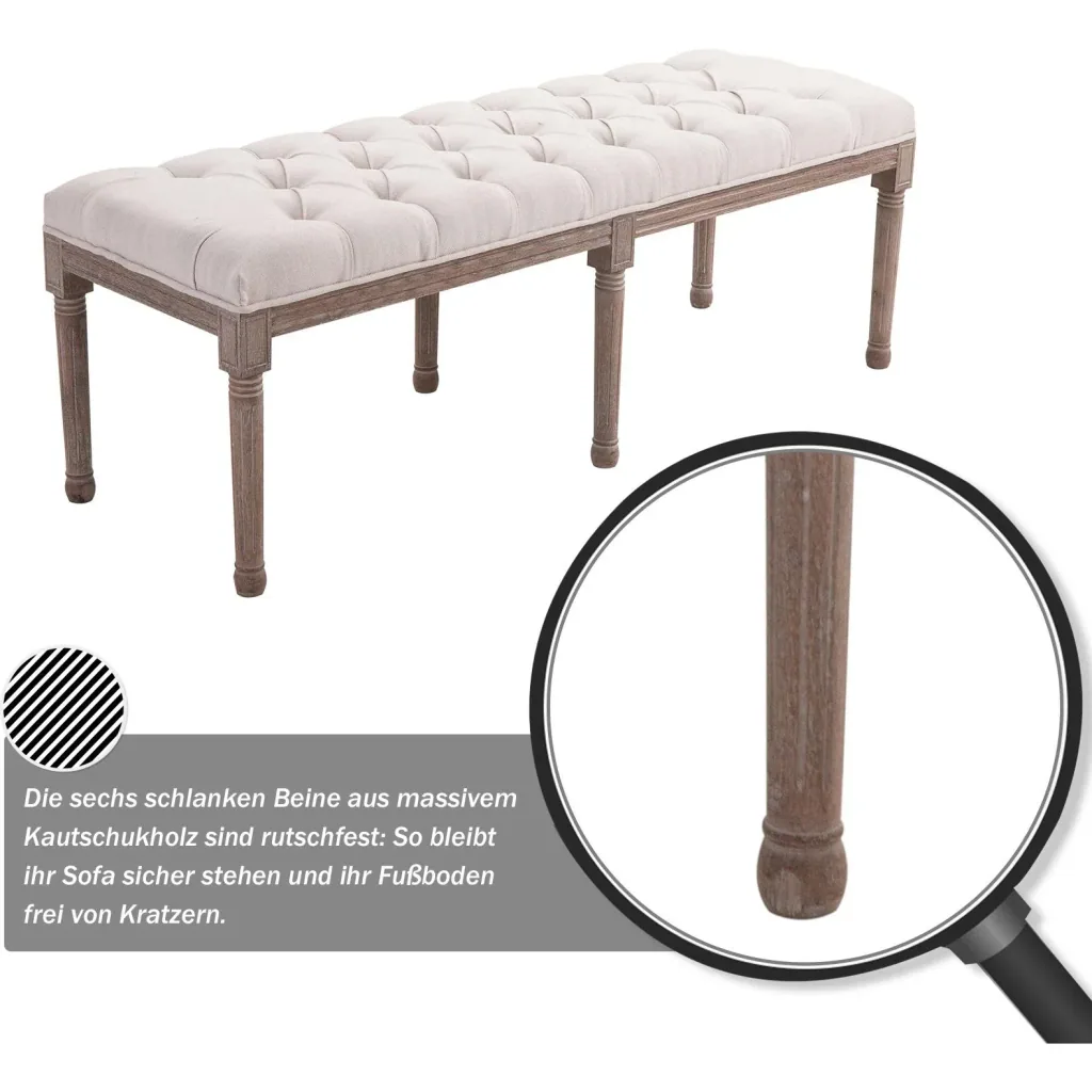 Upholstered bench, chest bench, lounge stool, retro with buttons, linen + wood, beige, 142 x 47 x 51 cm