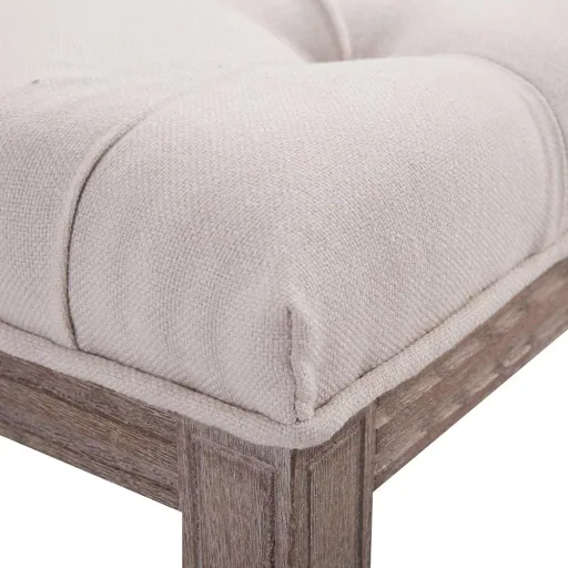 Upholstered bench, chest bench, lounge stool, retro with buttons, linen + wood, beige, 142 x 47 x 51 cm