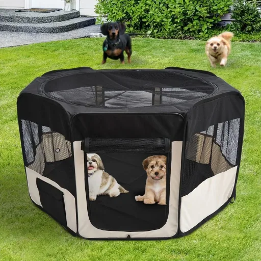 Foldable puppy run black/creamy-white