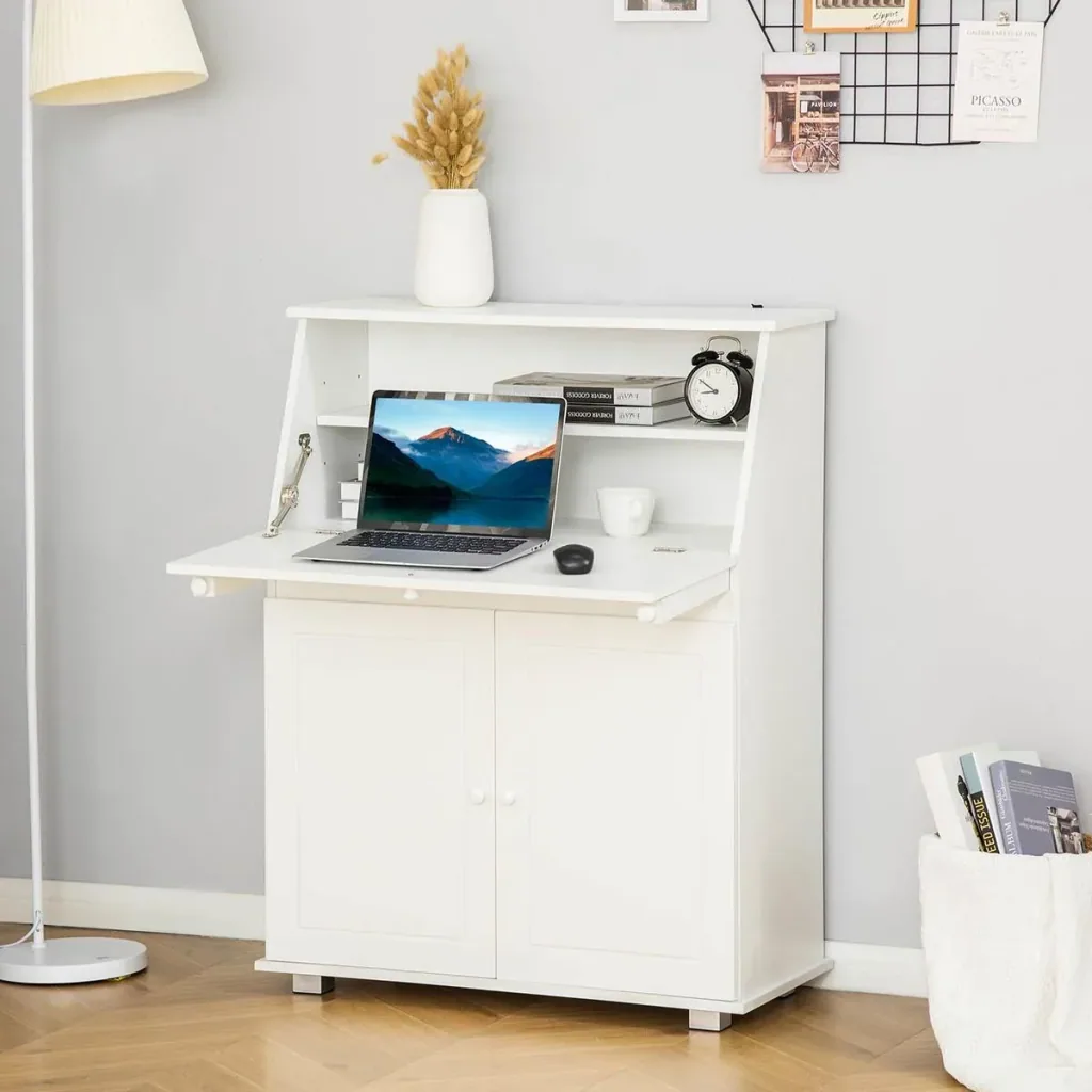 Secretary desk chest of drawers writing chest of drawers flap secretary space-saving computer table with cupboard white 82 x 38.5 x 1