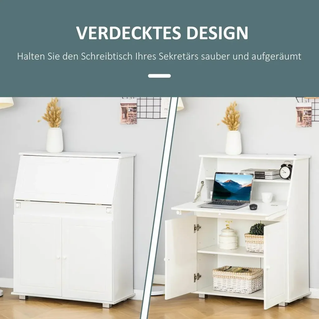 Secretary desk chest of drawers writing chest of drawers flap secretary space-saving computer table with cupboard white 82 x 38.5 x 1