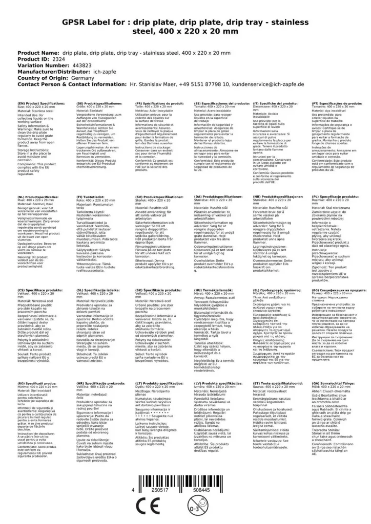 Lekbak, Druppellade - Roestvrij staal, 405 x 204 x 28 mm