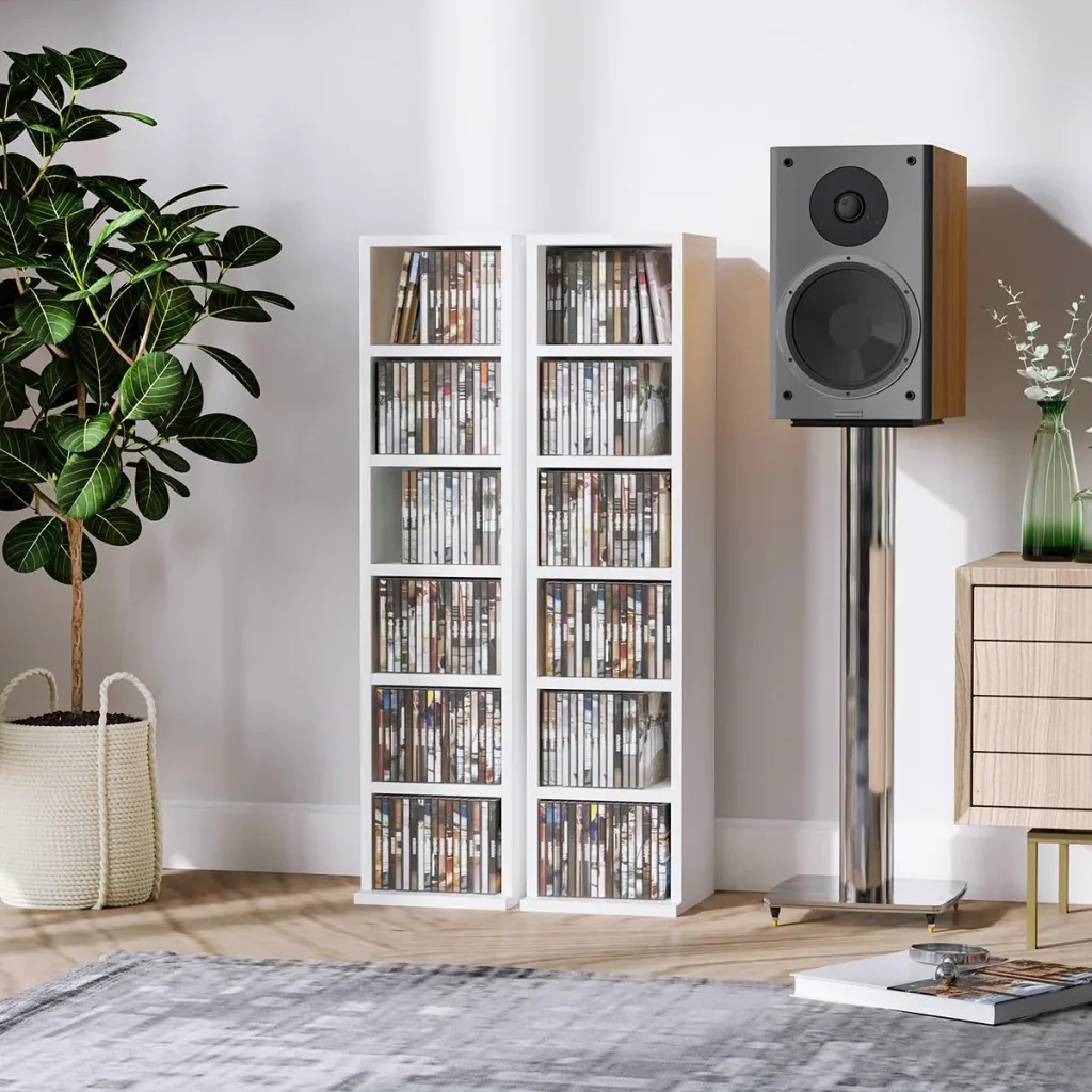 CD stand CD shelf with 6 compartments Standing shelf Two-piece set with two open storage compartments Chipboard White 21 x 22.5