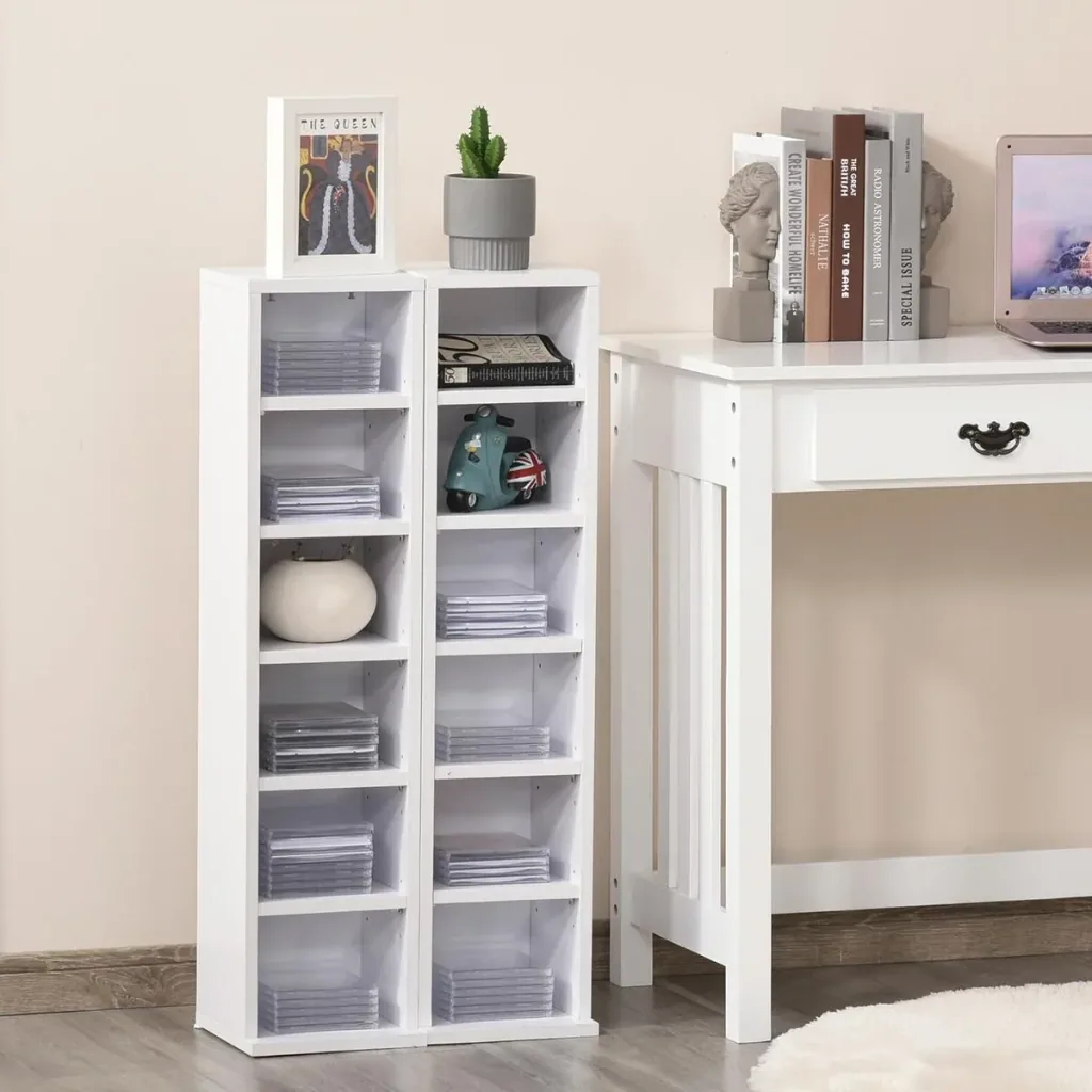 CD stand CD shelf with 6 compartments Standing shelf Two-piece set with two open storage compartments Chipboard White 21 x 22.5
