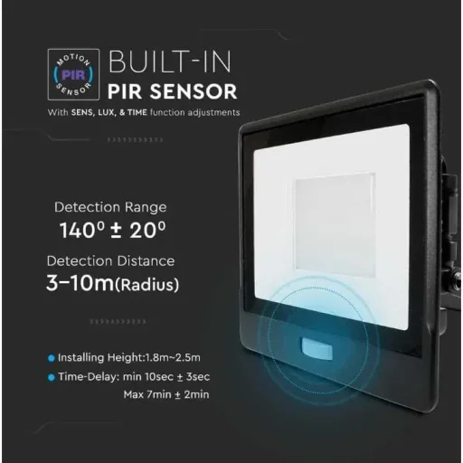 VT-158S LED Floodlight with Sensor - 50 W - 4000 Lm - 3000K - Black
