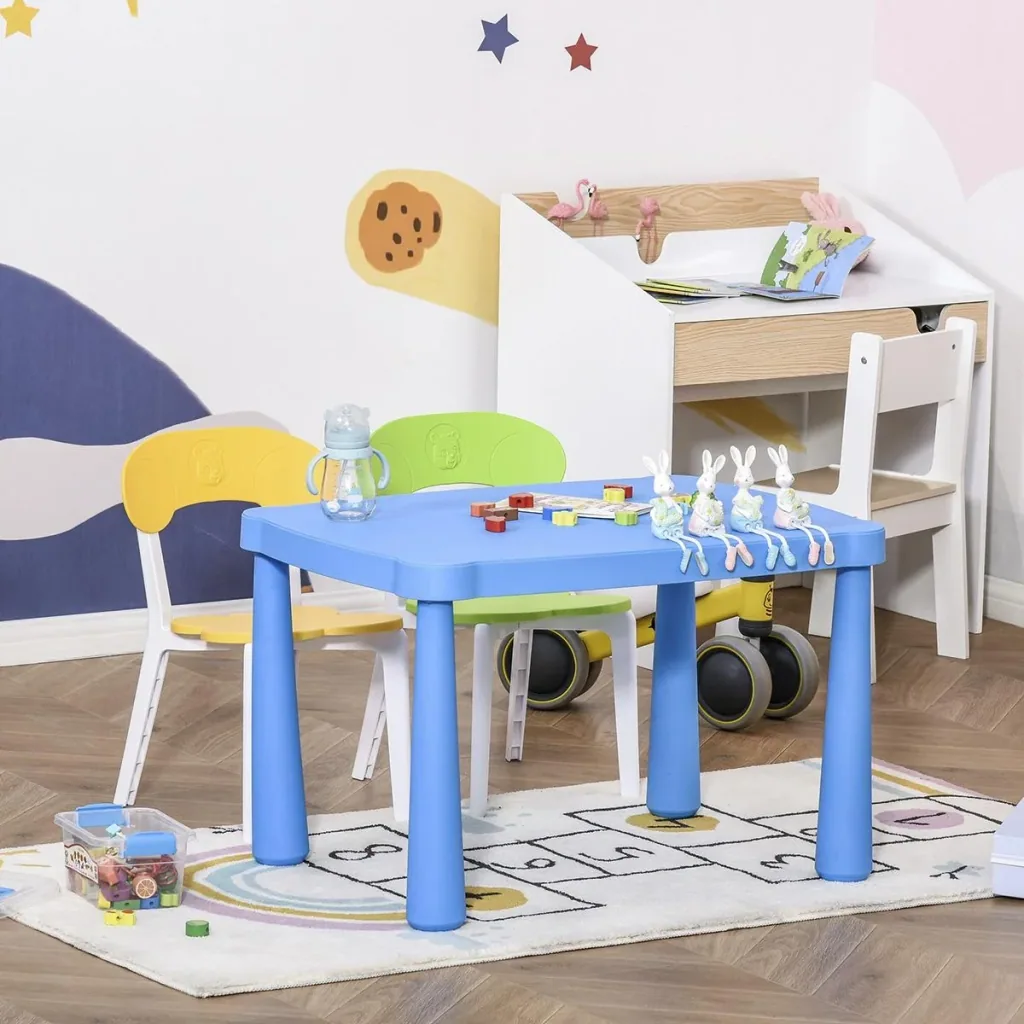 3-piece children's seating group with children's table and 2 chairs for 2-8 years old. Children's furniture made of PP plastic. Colorful. 76.5 x 54.5 x 49.5 cm.