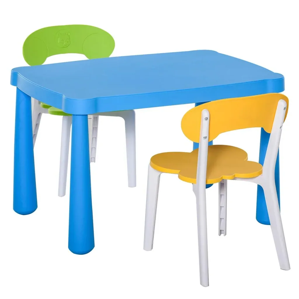 3-piece children's seating group with children's table and 2 chairs for 2-8 years old. Children's furniture made of PP plastic. Colorful. 76.5 x 54.5 x 49.5 cm.