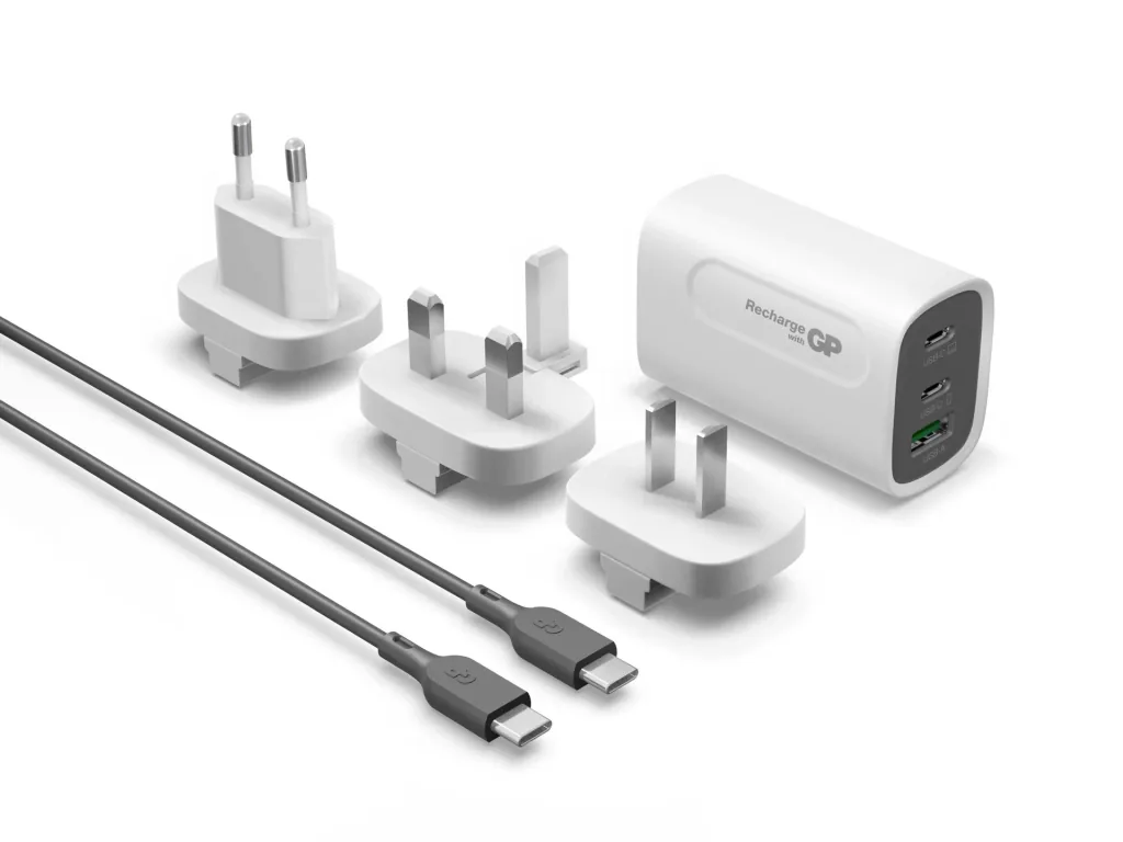 USB fast charging adapter with 1 x USB-A and 2 x USB-C ports including world travel adapter and USB-C charging cable, max. 65 watts