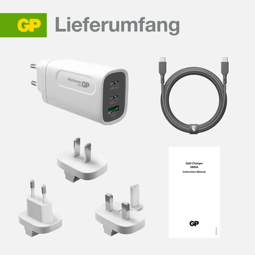 USB fast charging adapter with 1 x USB-A and 2 x USB-C ports including world travel adapter and USB-C charging cable, max. 65 watts