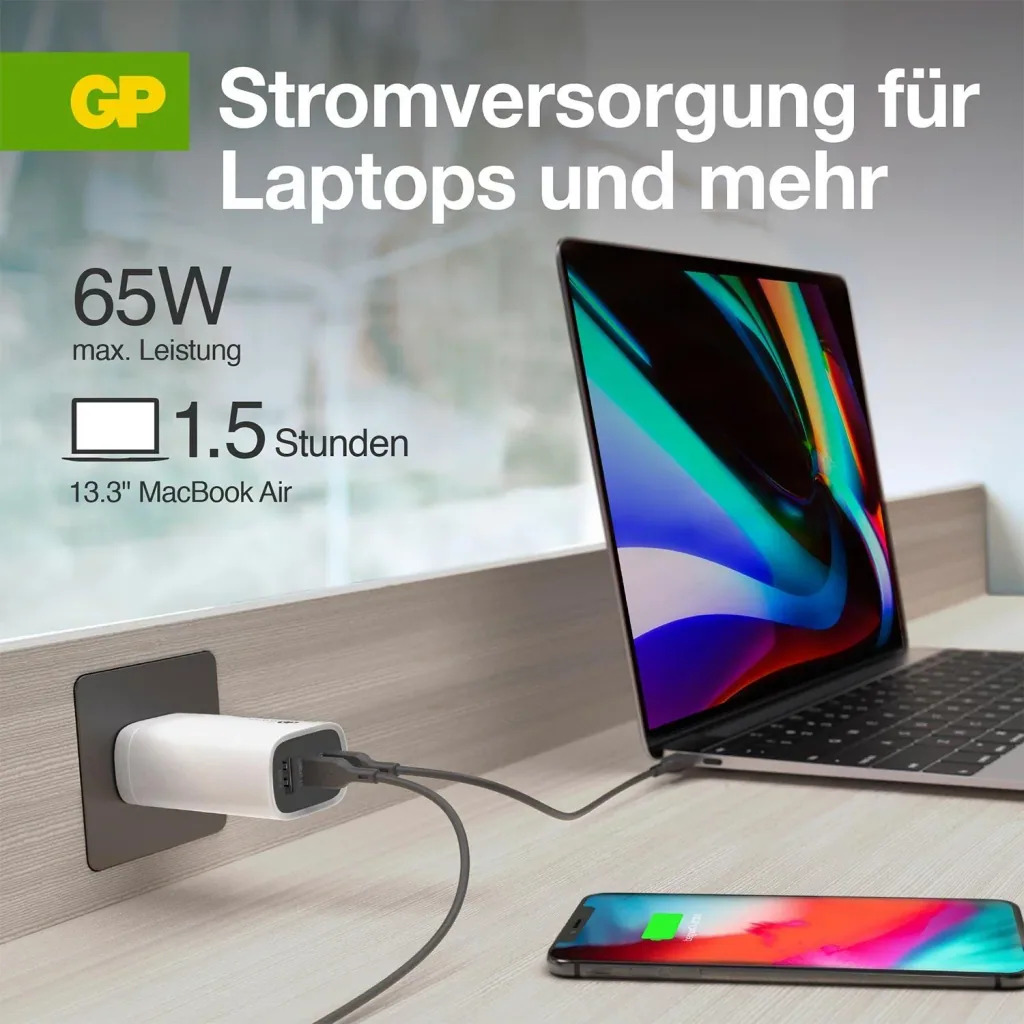 USB fast charging adapter with 1 x USB-A and 2 x USB-C ports including world travel adapter and USB-C charging cable, max. 65 watts