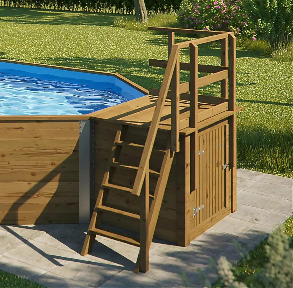 Solid wood pool 594, 714 x 376 x 116 cm, value set including sand filter system and technical room