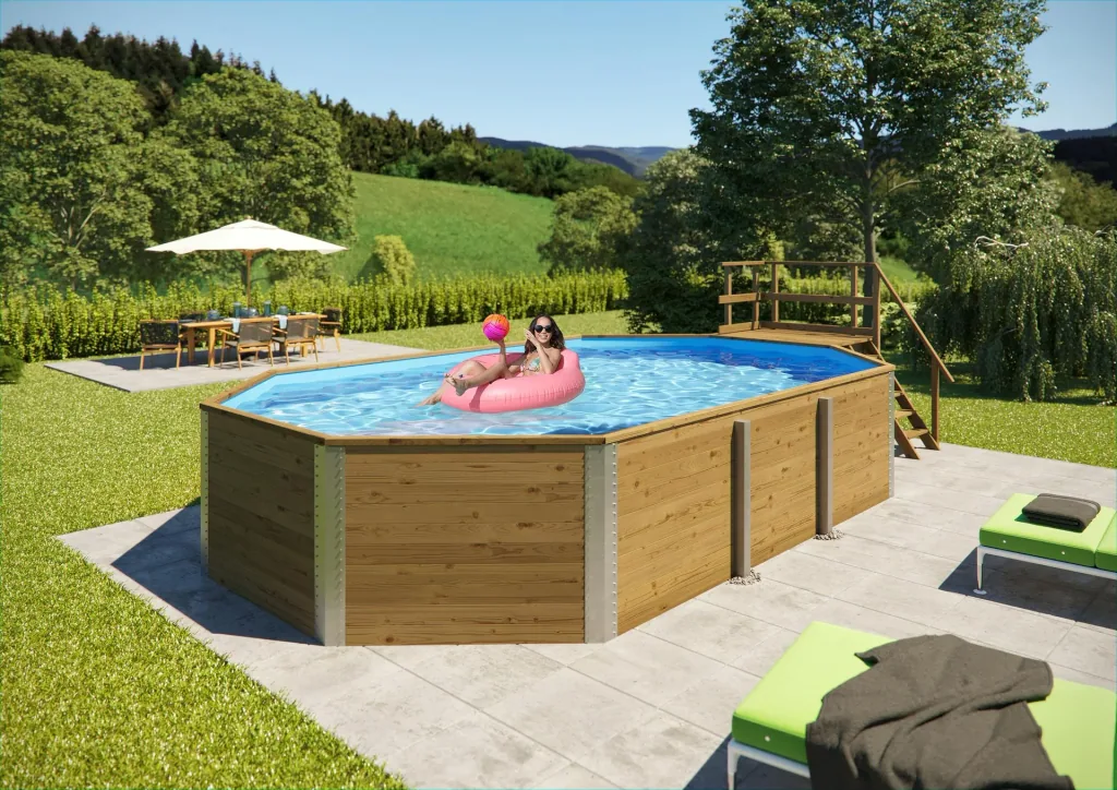 Solid wood pool 594, 714 x 376 x 116 cm, value set including sand filter system and technical room