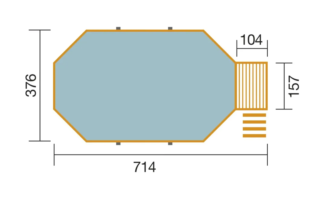 Solid wood pool 594, 714 x 376 x 116 cm, value set including sand filter system and technical room