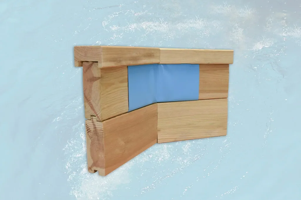 Solid wood pool 594, 714 x 376 x 116 cm, value set including sand filter system and technical room